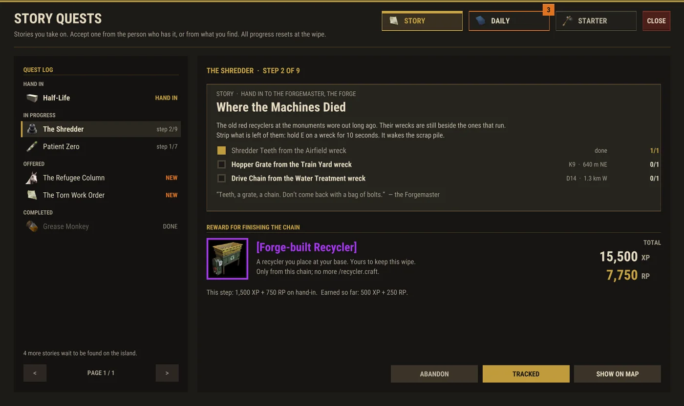 The Story tab of /q with The Shredder at step 2 of 9