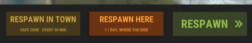 Death screen buttons: Respawn in Town, Respawn Here, Respawn