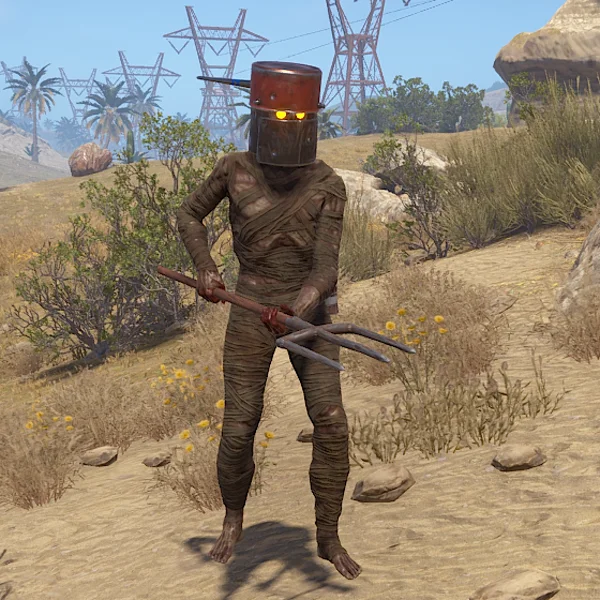 Brute zombie: a bandaged figure with a metal bucket helmet and a pitchfork