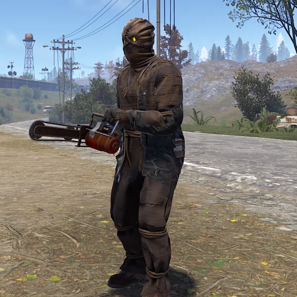 Runner zombie in a hooded wrap, carrying a chainsaw
