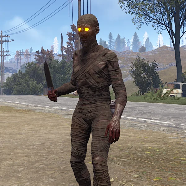 Shambler zombie: a bandaged figure with glowing eyes and a knife, on a road